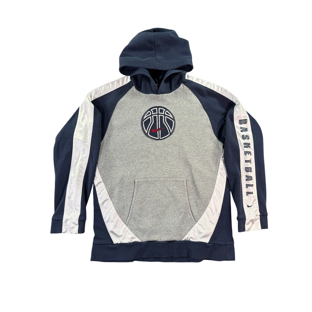Vintage Nike Basketball Hoodie Kids XL Gray Blue Embroidered Swoosh Pullover